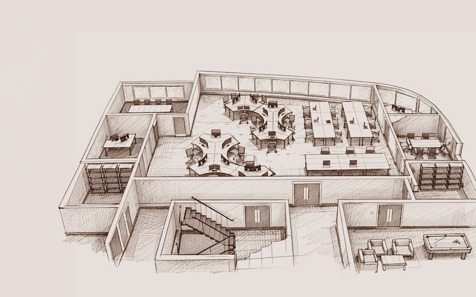An architectural drawing of an interior layout